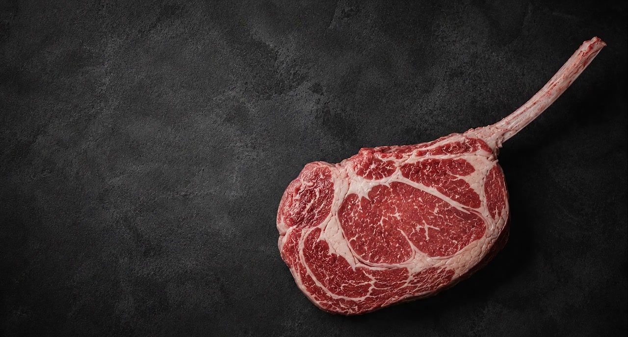 Rohes, marmoriertes Tomahawk-Steak auf dunklem Schiefer